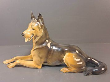 Hutschenreuther Duża Porcelanowa Figurka Owczarka Niemieckiego Leżącego