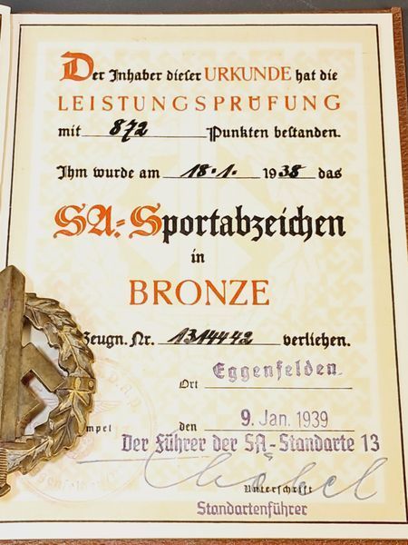 Zestaw Dokument&oacute;w i Odznaka Sportowa SA w Brązie 1939 &ndash; Petz & Lorenz