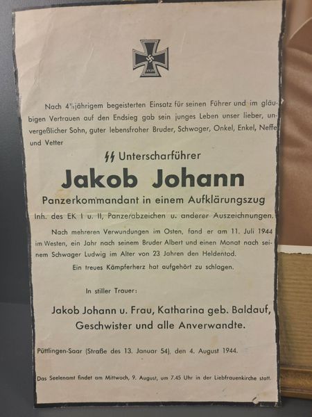 Unique Waffen-SS Memorial Set &ndash; Panzerkommandant Jakob Johann &ndash; 1944